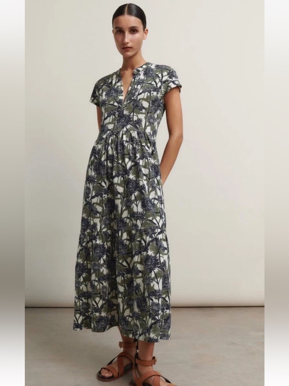 ME+EM Aster Print Tiered Maxi Dress Sz 2 Cream/Navy/Khaki